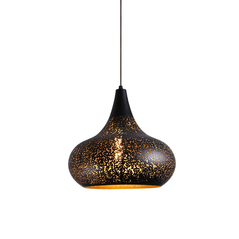 Lampe suspendue Vintage en forme de gourde gravée à 1 ampoule, Kit d'éclairage suspendu en fer noir pour Restaurant Clearhalo