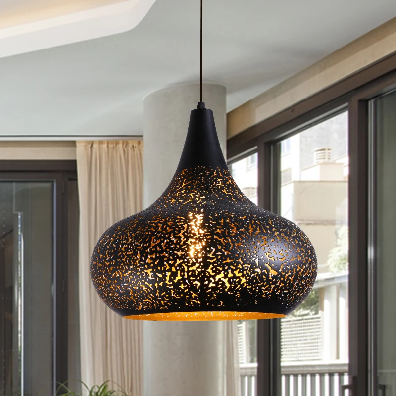 Lampe suspendue Vintage en forme de gourde gravée à 1 ampoule, Kit d'éclairage suspendu en fer noir pour Restaurant Clearhalo