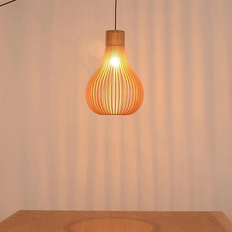 Lampe à suspension minimaliste à 1 ampoule, découpes beiges, gourde, plafonnier avec abat-jour en bois, 12"/15" W Clearhalo