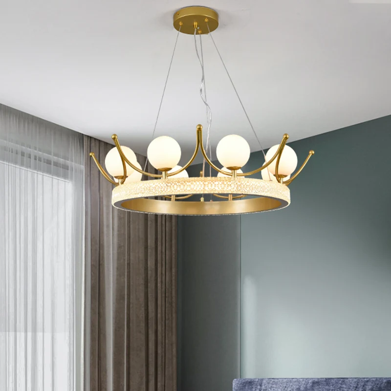 Lampe à Suspension moderne en forme de couronne en métal, 6 lumières, lustre de plafond LED pour chambre de fille en or av...