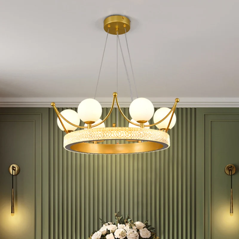 Lampe à Suspension moderne en forme de couronne en métal, 6 lumières, lustre de plafond LED pour chambre de fille en or av...