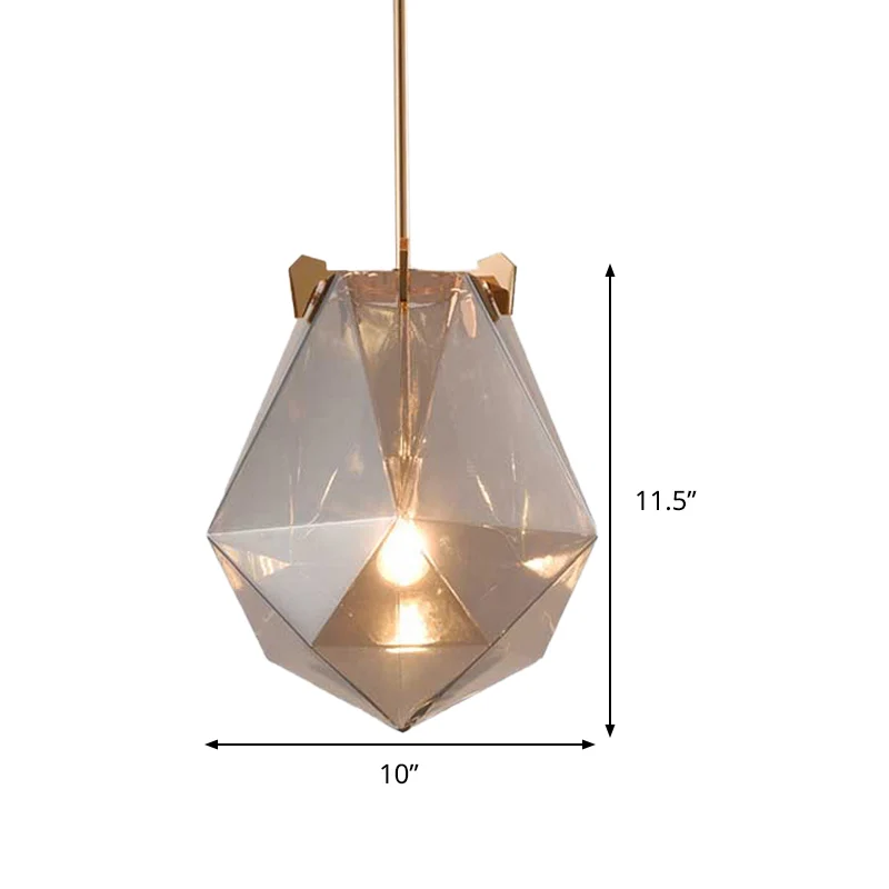 Lampe à suspension moderne à 1 lumière pour chambre à coucher, gris fumé/cognac, avec abat-jour géométrique en verre, 10"/...