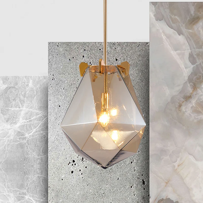 Lampe à suspension moderne à 1 lumière pour chambre à coucher, gris fumé/cognac, avec abat-jour géométrique en verre, 10"/...