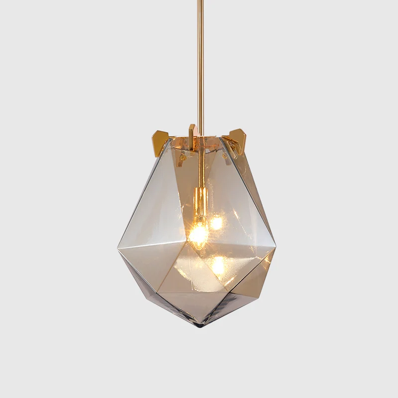 Lampe à suspension moderne à 1 lumière pour chambre à coucher, gris fumé/cognac, avec abat-jour géométrique en verre, 10"/...
