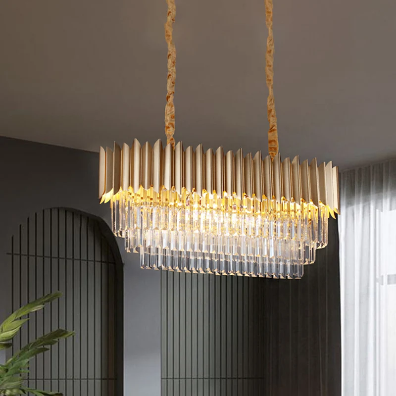 Lampe à suspension ovale pour salle à manger, moderne, prismes en cristal clair, 8 têtes, finition dorée, éclairage d'île...