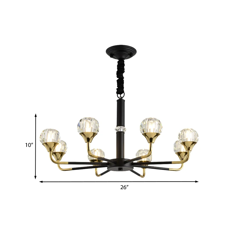 Lampe à Suspension de salon à 6/8 têtes, lustre moderne noir et or avec abat-jour en cristal boule Clearhalo