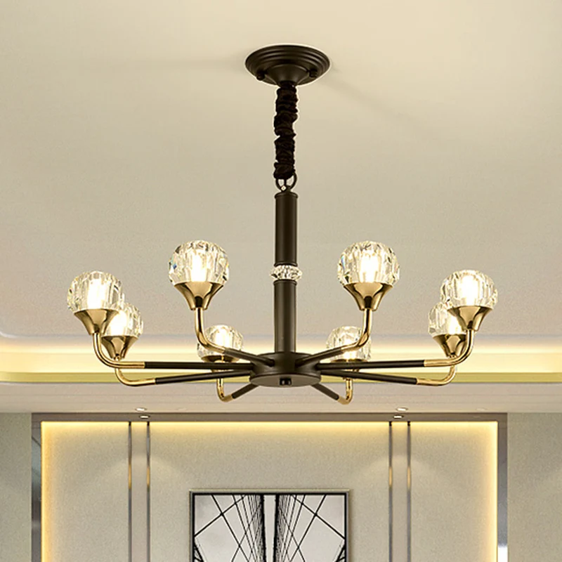 Lampe à Suspension de salon à 6/8 têtes, lustre moderne noir et or avec abat-jour en cristal boule Clearhalo