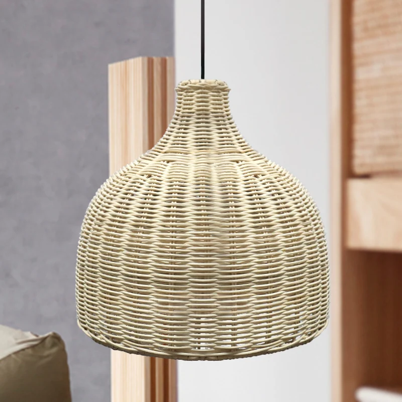 Lampe à suspension simple en Asie de 10 "/ 14" de large, plafonnier à cloche beige avec abat-jour en bambou Clearhalo
