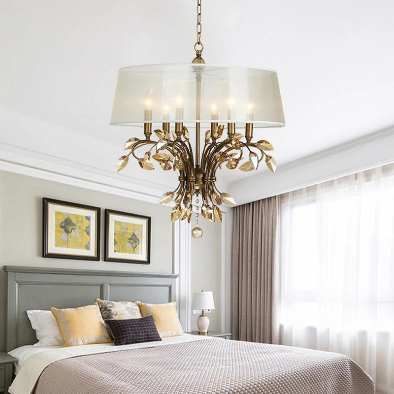 Lampe à suspension en tissu tambour contemporain 6 têtes lustre de salon luminaire en laiton Clearhalo