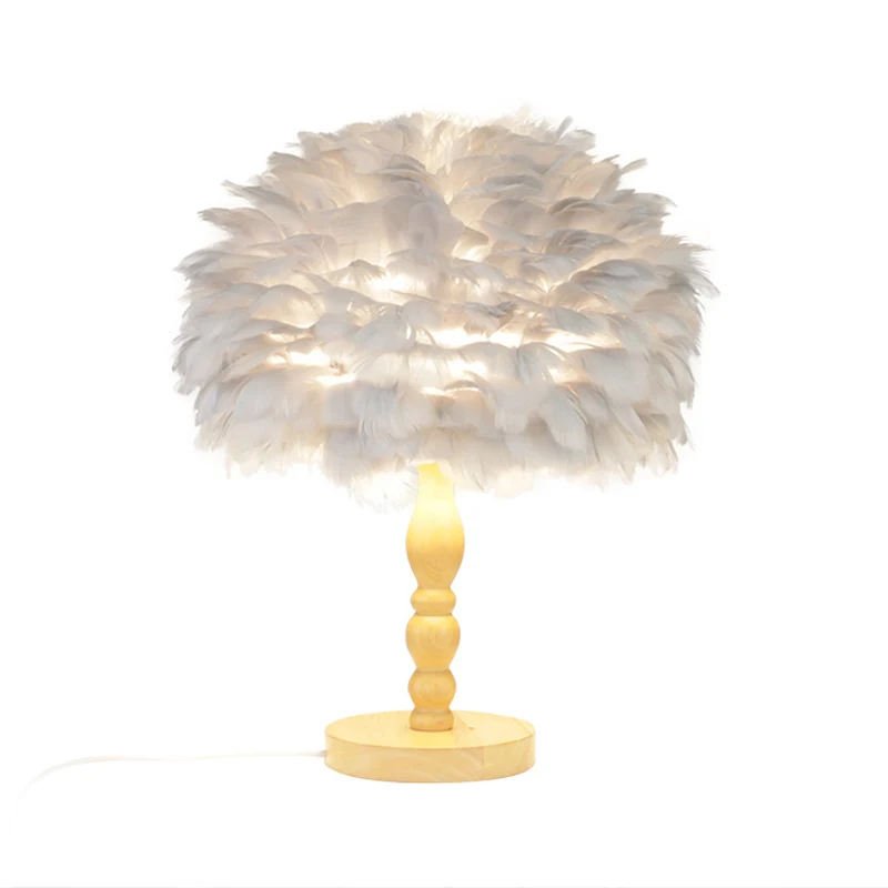 Lampe de table balustre en bois Simplicity, lampe de table de nuit à 1 ampoule avec abat-jour en plumes en forme de dôme,...