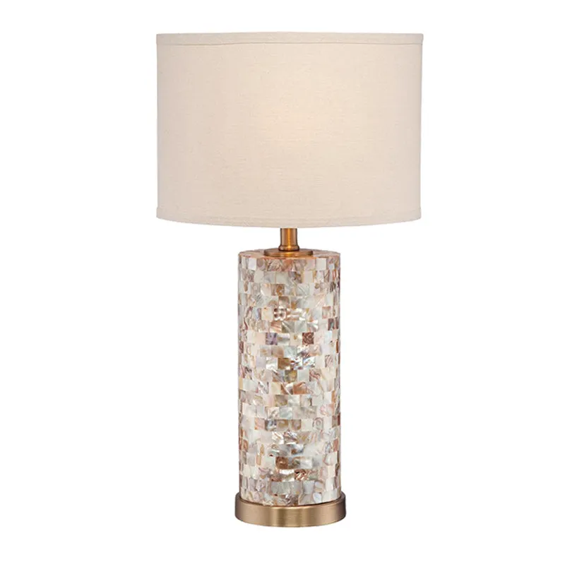 Lampe de table de chevet à colonne en patchwork de coquille, lampe de table de salon minimaliste à 1 tête avec abat-jour c...