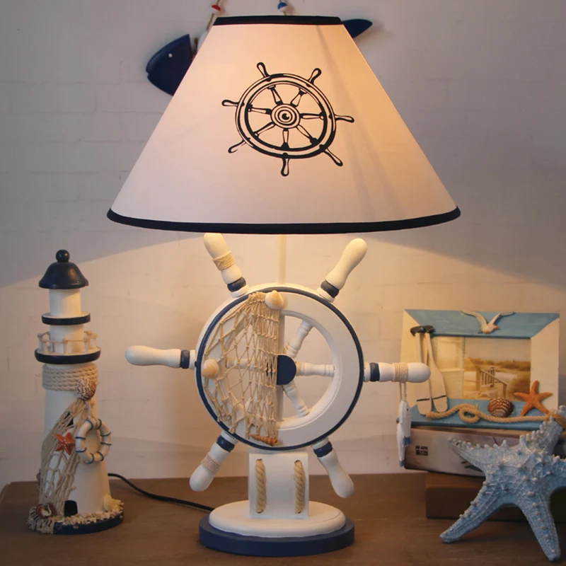 Lampe de table de chevet conique blanche pour enfants, éclairage de table en tissu à 1 lumière avec base de gouvernail/pha...