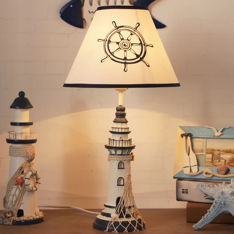 Lampe de table de chevet conique blanche pour enfants, éclairage de table en tissu à 1 lumière avec base de gouvernail/pha...