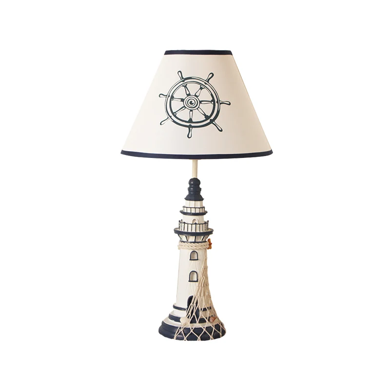 Lampe de table de chevet conique blanche pour enfants, éclairage de table en tissu à 1 lumière avec base de gouvernail/pha...