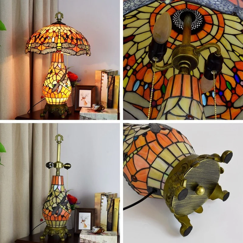 Lampe de table de chevet en forme de champignon à 3 ampoules, lampe de table en vitrail orange vintage avec motif libellul...