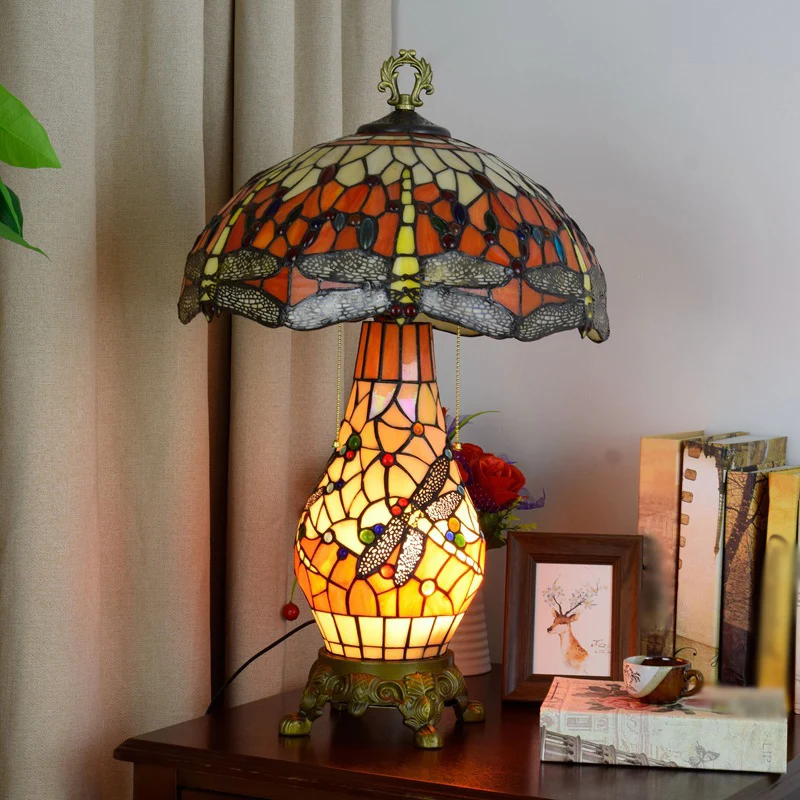 Lampe de table de chevet en forme de champignon à 3 ampoules, lampe de table en vitrail orange vintage avec motif libellul...