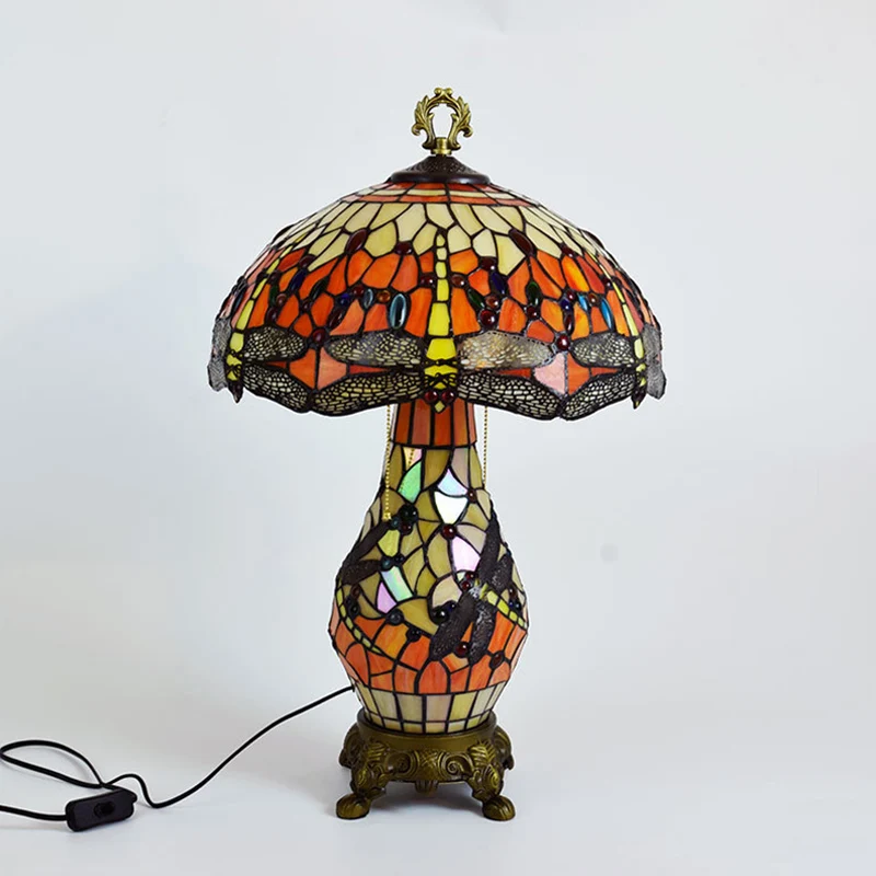 Lampe de table de chevet en forme de champignon à 3 ampoules, lampe de table en vitrail orange vintage avec motif libellul...