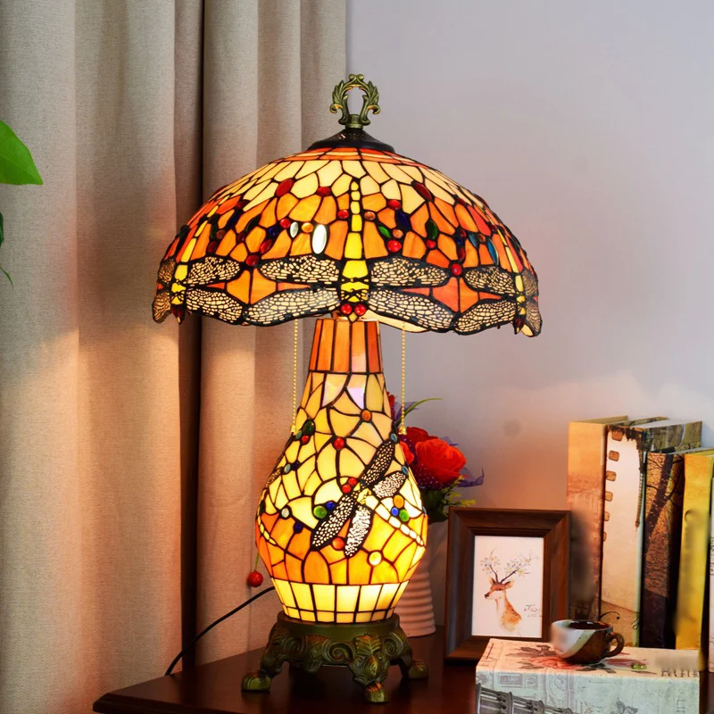 Lampe de table de chevet en forme de champignon à 3 ampoules, lampe de table en vitrail orange vintage avec motif libellul...