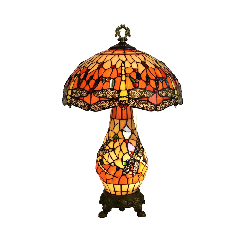 Lampe de table de chevet en forme de champignon à 3 ampoules, lampe de table en vitrail orange vintage avec motif libellul...