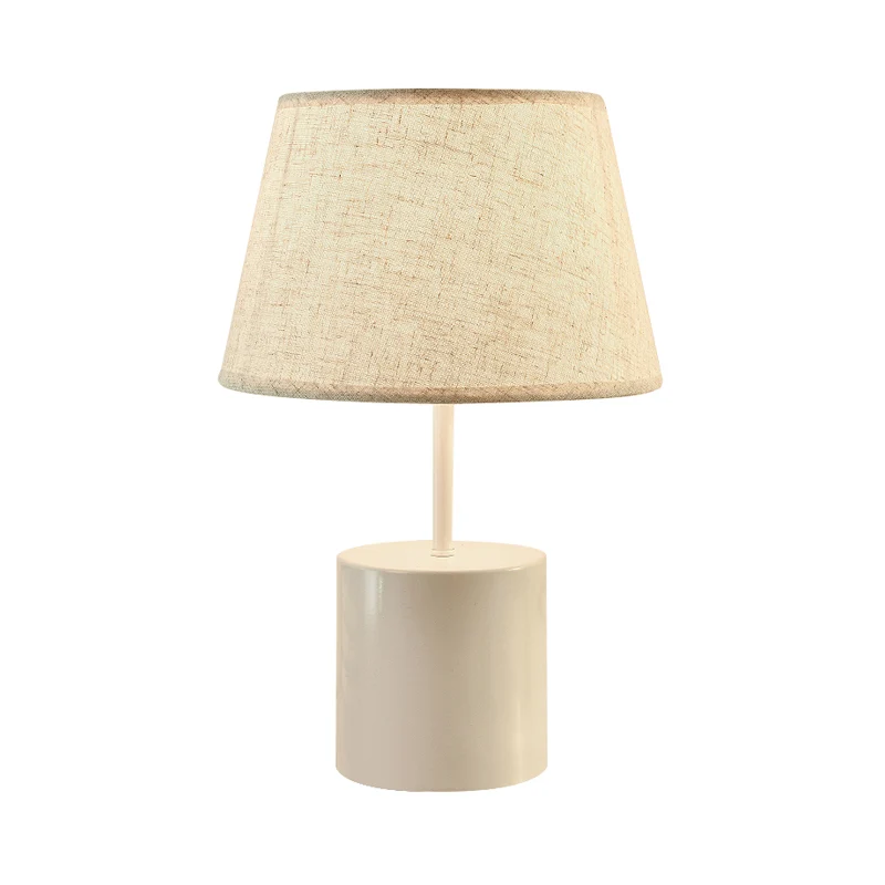 Lampe de table conique en tissu Lampe de bureau nordique en lin à 1 tête avec base cylindrique blanche en métal Clearhalo