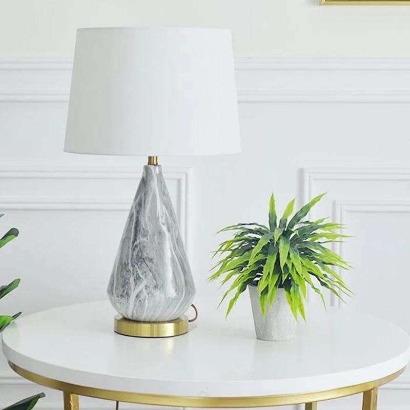 Lampe de table en céramique en forme de larme, moderne, 1 ampoule, lampe de bureau grise avec abat-jour en tissu tambour b...