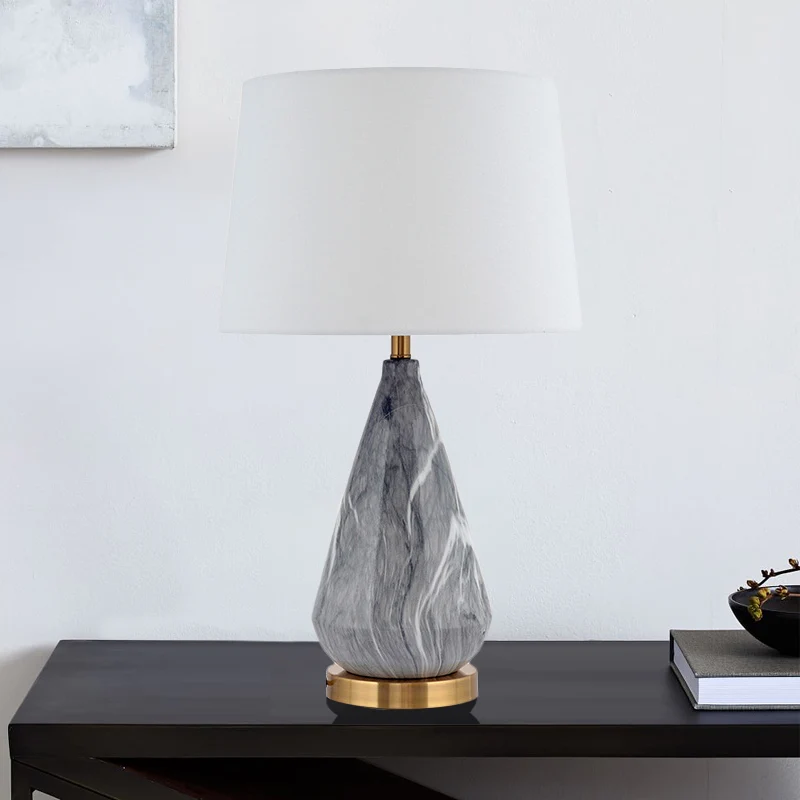 Lampe de table en céramique en forme de larme, moderne, 1 ampoule, lampe de bureau grise avec abat-jour en tissu tambour b...