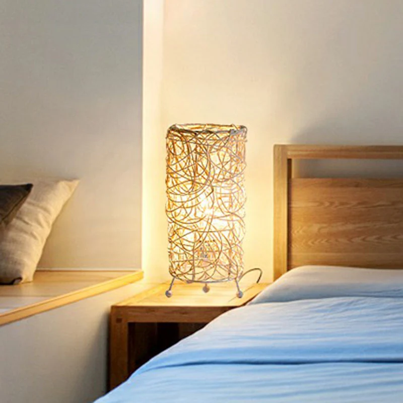 Lampe de Table cylindrique de Style moderne, éclairage de table de chevet en rotin à ampoule unique pour salon Clearhalo