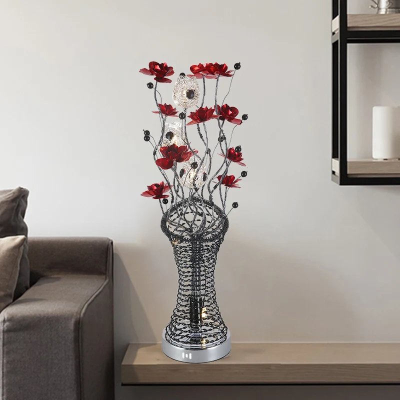 Lampe de Table décorative en forme de colonne de brindille, éclairage de bureau LED en aluminium avec décor de fleur en ro...