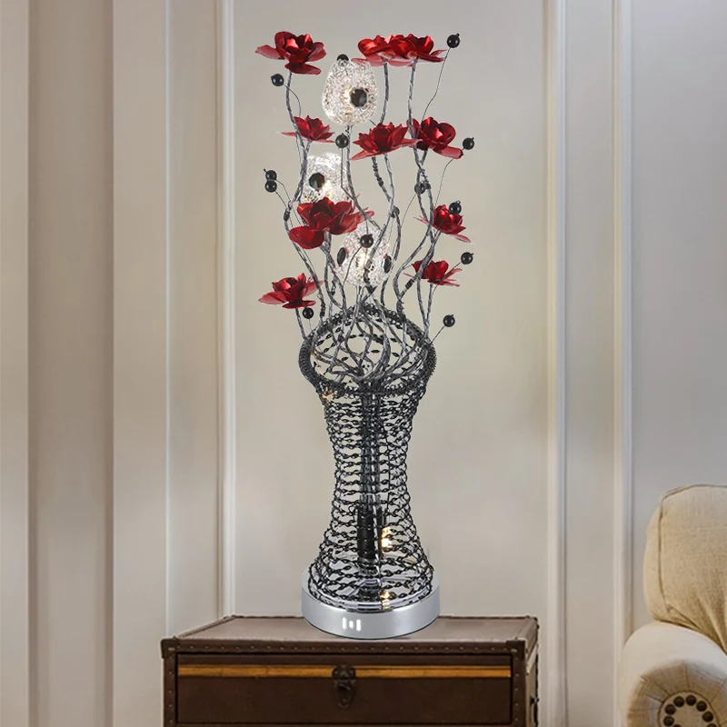 Lampe de Table décorative en forme de colonne de brindille, éclairage de bureau LED en aluminium avec décor de fleur en ro...