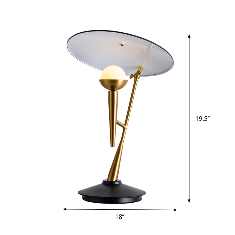 Lampe de table Gramophone du milieu du siècle en métal à 1 lumière pour salon, table de chevet en noir et or avec abat-jou...