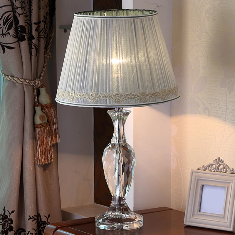 Lampe de table de nuit en cristal, 1 ampoule, vert/Beige, abat-jour en tissu traditionnel, lampe de Table en baril pour ch...