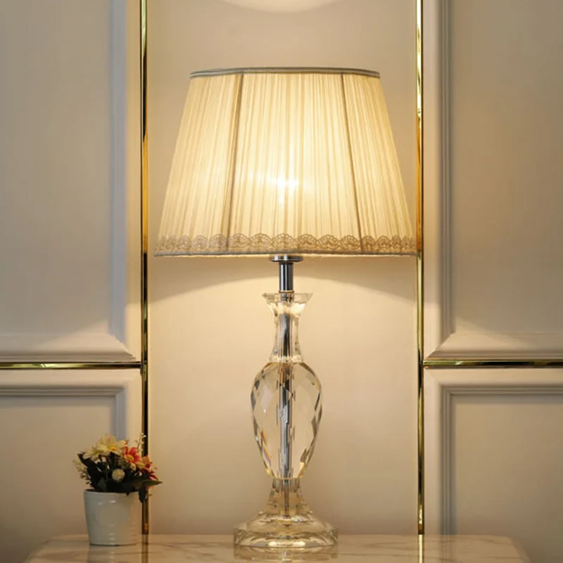Lampe de table de nuit en cristal, 1 ampoule, vert/Beige, abat-jour en tissu traditionnel, lampe de Table en baril pour ch...