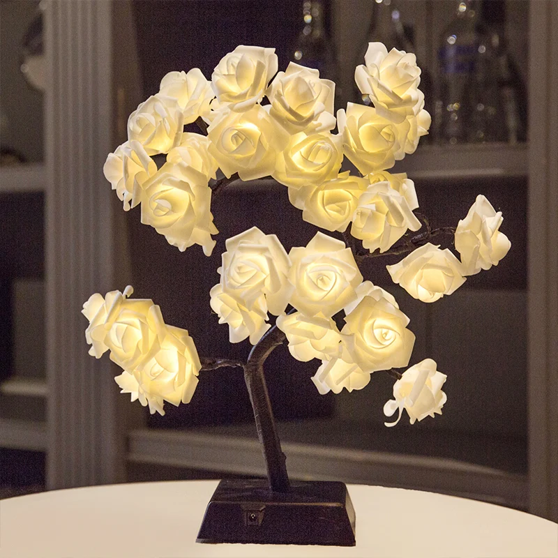Lampe de Table de nuit en plastique, Rose blanche, Art déco, LED, éclairage de Table de chevet noir pour Restaurant Clearhalo