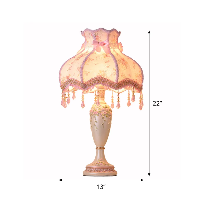 Lampe de table de nuit en résine vase pastorale à 1 tête rose avec garniture tressée et drapé Clearhalo