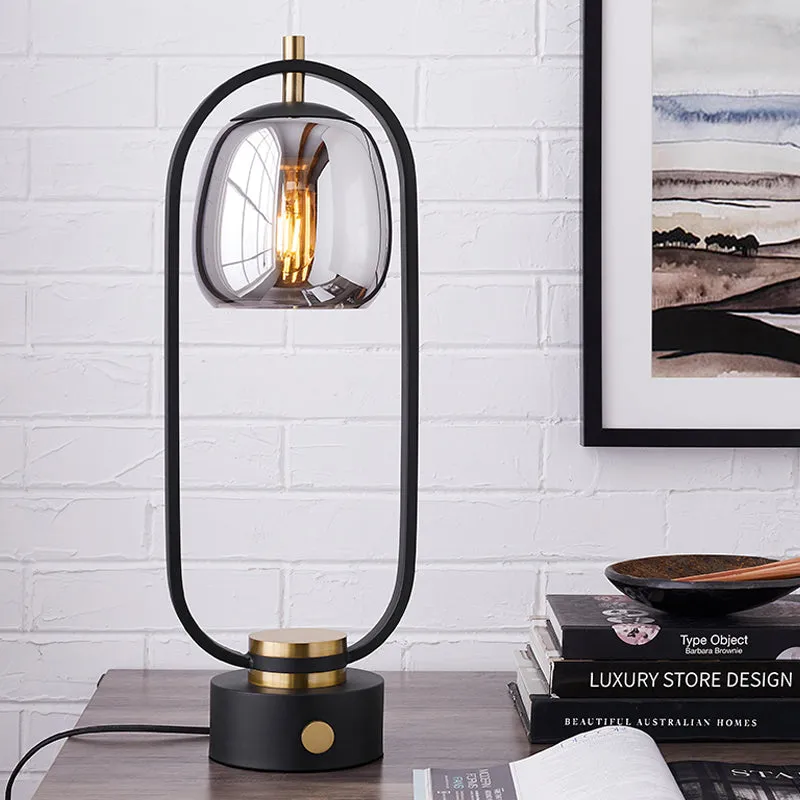 Lampe de table de nuit en verre miroir gris fumé Lampe de lecture design à 1 lumière en noir avec cadre ovale Clearhalo