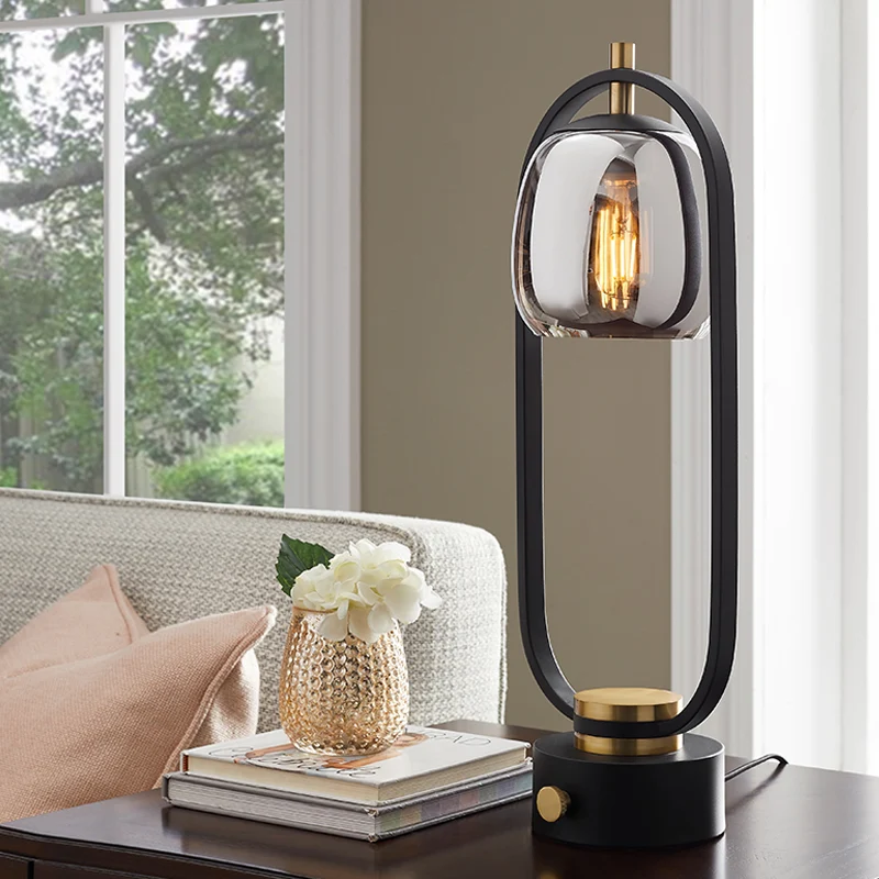 Lampe de table de nuit en verre miroir gris fumé Lampe de lecture design à 1 lumière en noir avec cadre ovale Clearhalo