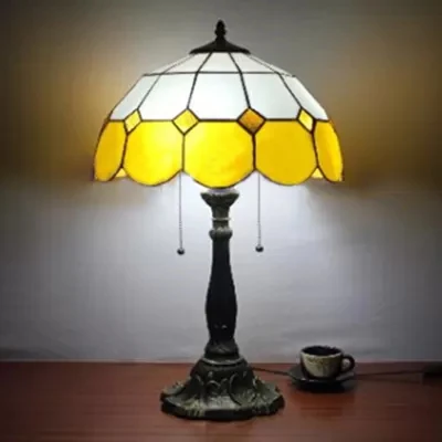 Lampe de table traditionnelle en forme de dôme avec grille en verre teinté, 2 lumières, éclairage de table en bleu/jaune C...