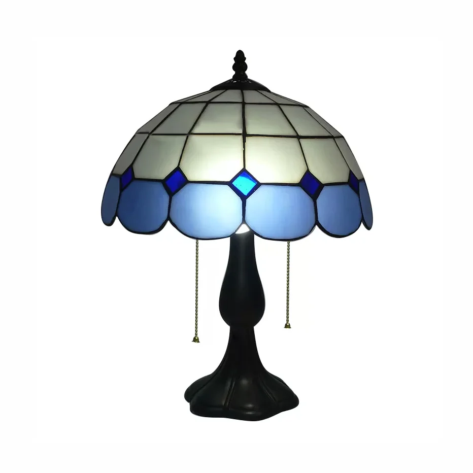 Lampe de table traditionnelle en forme de dôme avec grille en verre teinté, 2 lumières, éclairage de table en bleu/jaune C...