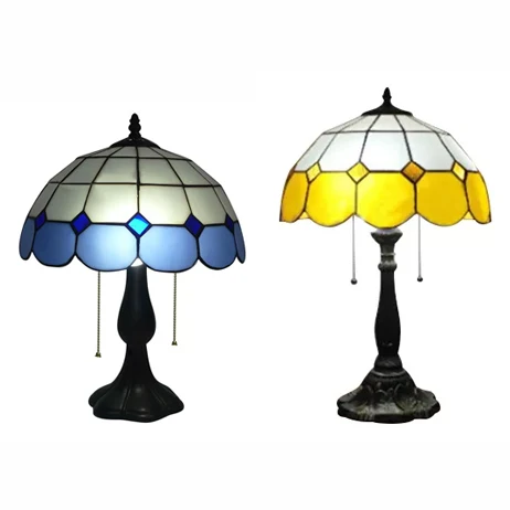 Lampe de table traditionnelle en forme de dôme avec grille en verre teinté, 2 lumières, éclairage de table en bleu/jaune C...