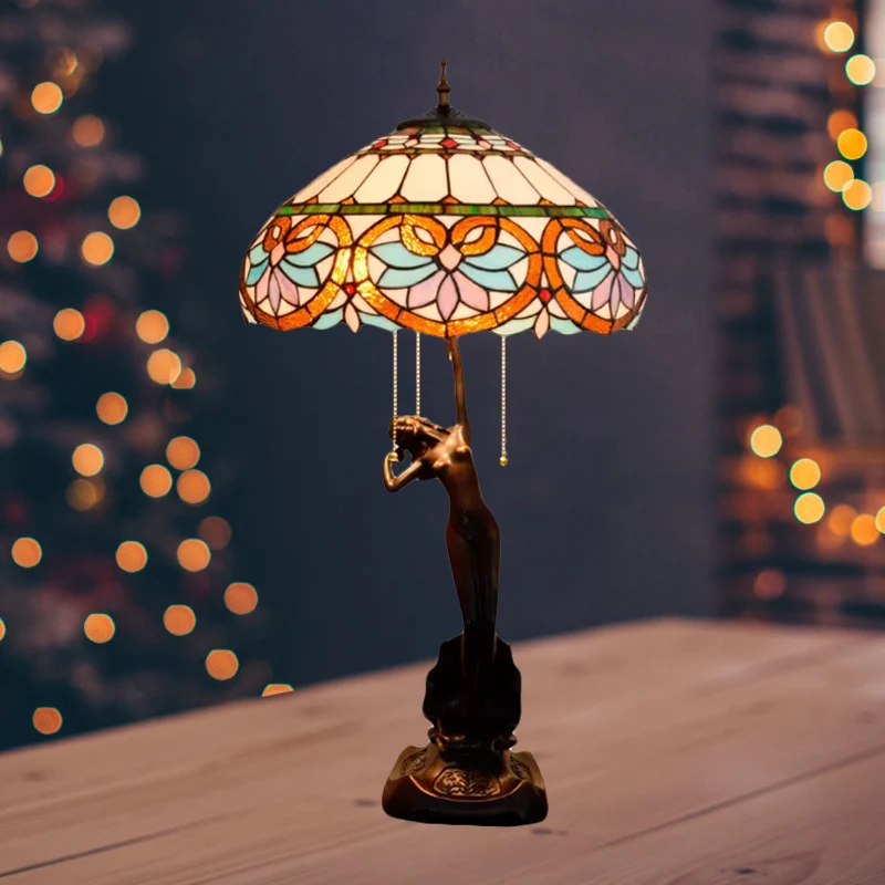 Lampe de table à 3 têtes avec épillet méditerranéen beige/bord en forme de larme bleu et blanc/fleur bleu et marron lampe...