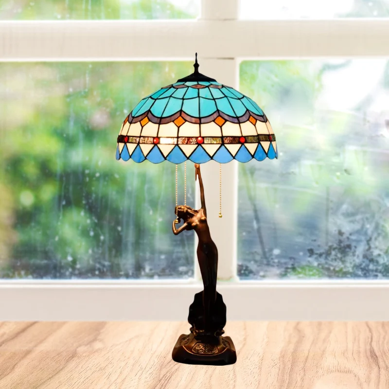 Lampe de table à 3 têtes avec épillet méditerranéen beige/bord en forme de larme bleu et blanc/fleur bleu et marron lampe...