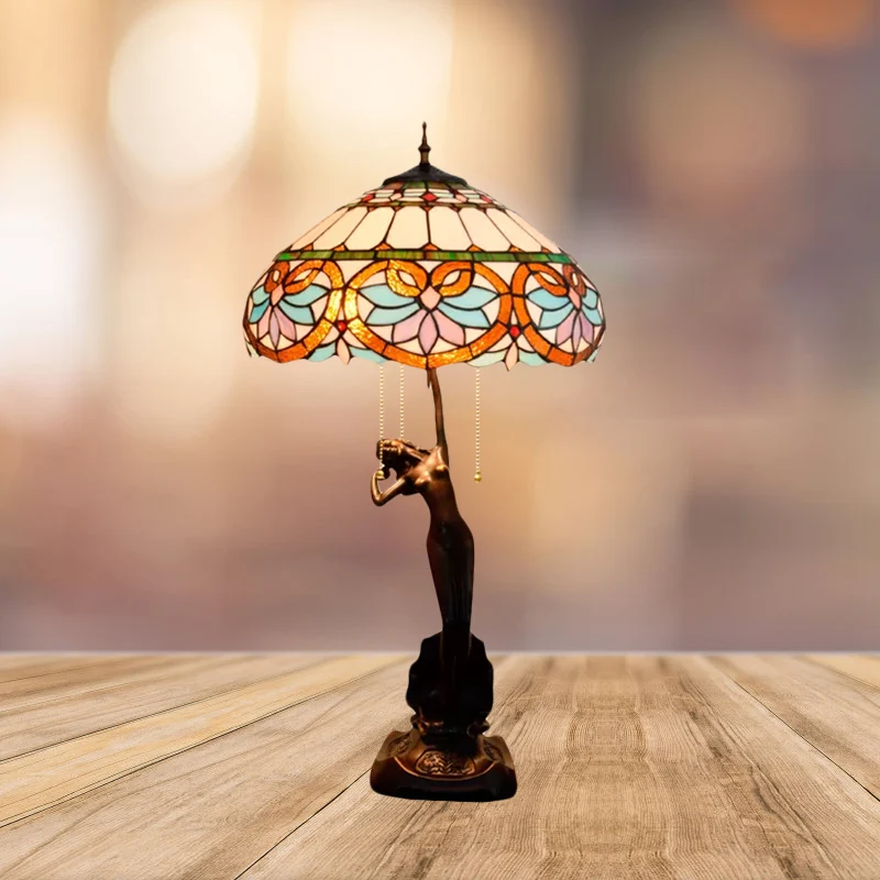 Lampe de table à 3 têtes avec épillet méditerranéen beige/bord en forme de larme bleu et blanc/fleur bleu et marron lampe...