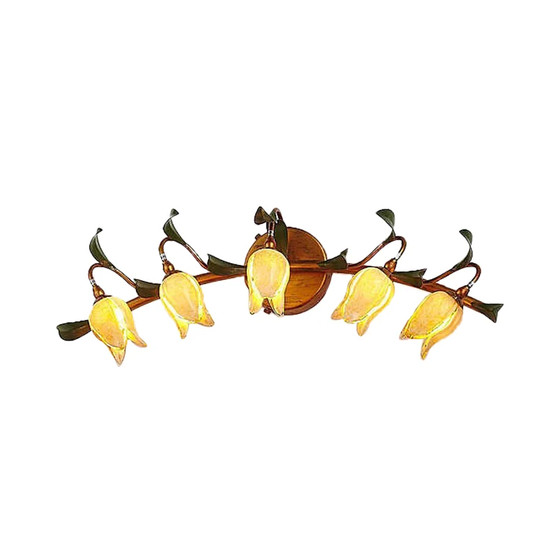 Lampe de vanité tulipe pastorale, applique murale LED en métal à 5 têtes en rouge/jaune pour salle de bain Clearhalo