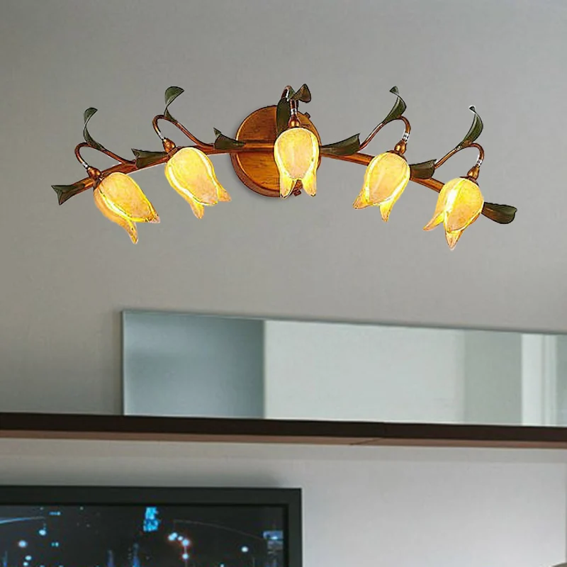 Lampe de vanité tulipe pastorale, applique murale LED en métal à 5 têtes en rouge/jaune pour salle de bain Clearhalo