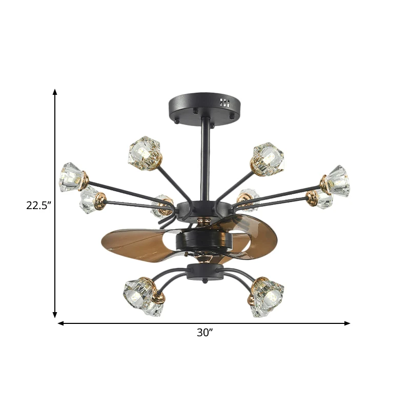 Lampe de ventilateur suspendue à bras tourbillonnants traditionnels, 12 têtes, abat-jour floral en cristal, 3 pales, noir,...