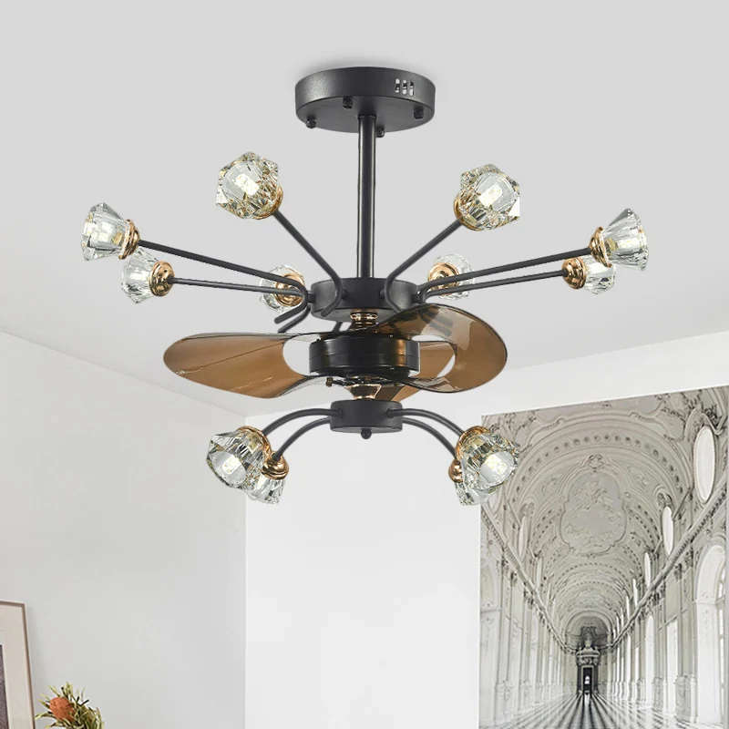 Lampe de ventilateur suspendue à bras tourbillonnants traditionnels, 12 têtes, abat-jour floral en cristal, 3 pales, noir,...