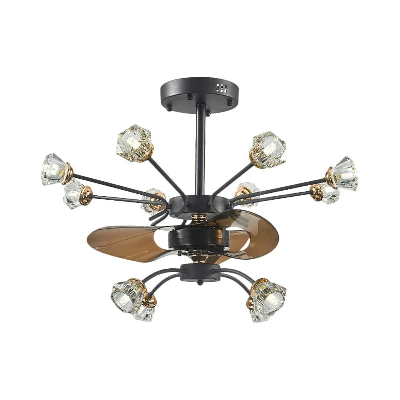 Lampe de ventilateur suspendue à bras tourbillonnants traditionnels, 12 têtes, abat-jour floral en cristal, 3 pales, noir,...