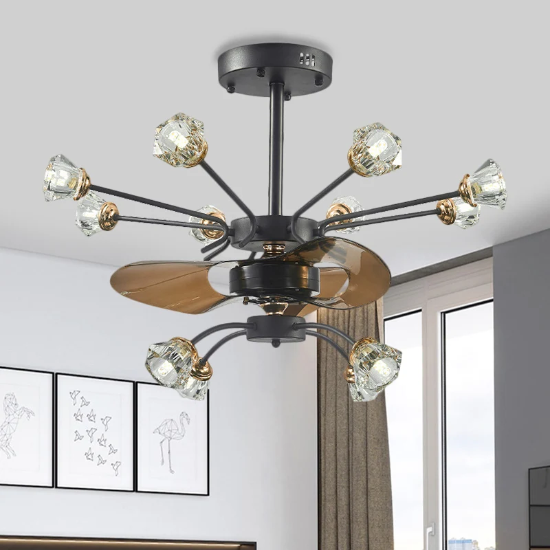 Lampe de ventilateur suspendue à bras tourbillonnants traditionnels, 12 têtes, abat-jour floral en cristal, 3 pales, noir,...