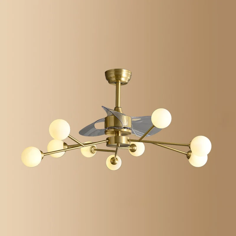Lampe de ventilateur suspendue à molécules de verre ivoire, éclairage semi-monté en laiton de style postmoderne avec téléc...
