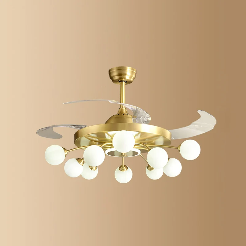 Lampe de ventilateur suspendue à molécules de verre ivoire, éclairage semi-monté en laiton de style postmoderne avec téléc...
